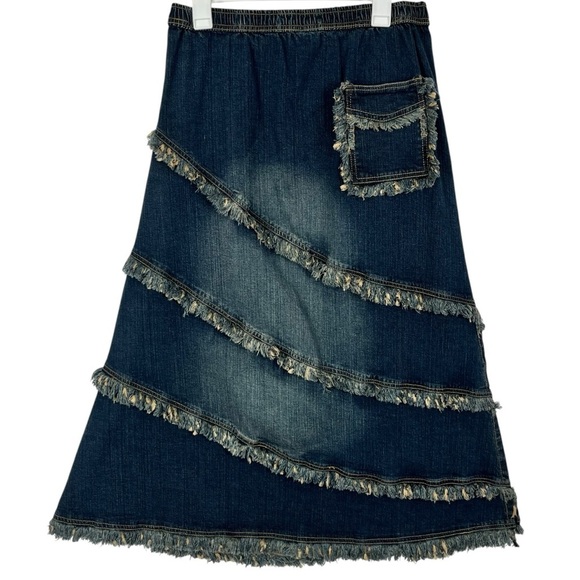 AS-HRO Dark Wash Frayed Denim Boho Chic Midi Skirt with Pocket – Size M - Picture 2 of 9
